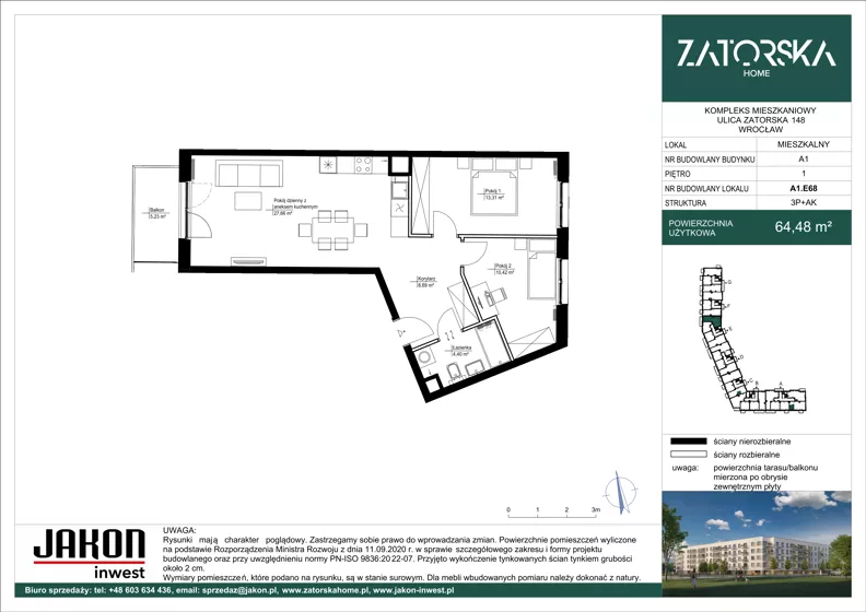 3 pokoje, mieszkanie 64,48 m², piętro 1, oferta nr A1.E68, Zatorska Home, Wrocław, Psie Pole-Zawidawie, Zakrzów, ul. Zatorska 146-150