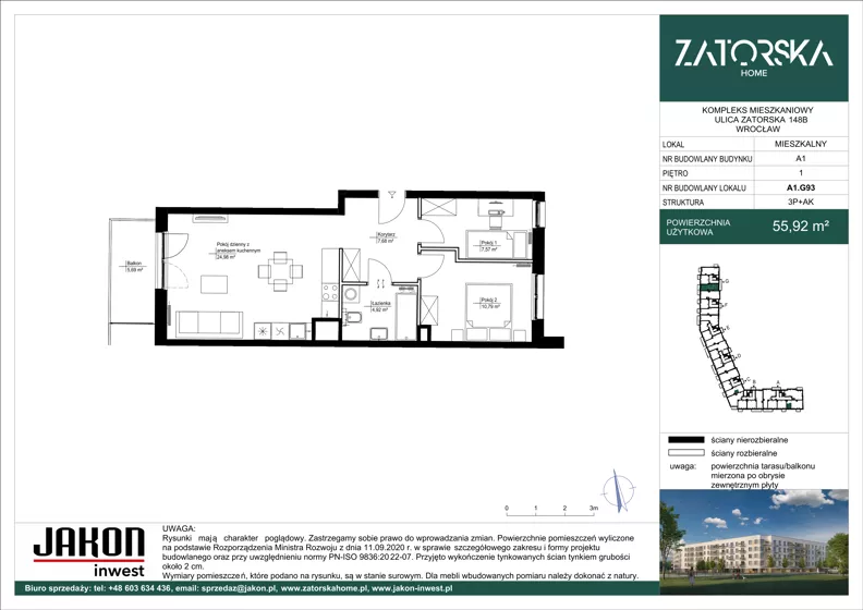 3 pokoje, mieszkanie 55,92 m², piętro 1, oferta nr A1.G93, Zatorska Home, Wrocław, Psie Pole-Zawidawie, Zakrzów, ul. Zatorska 146-150
