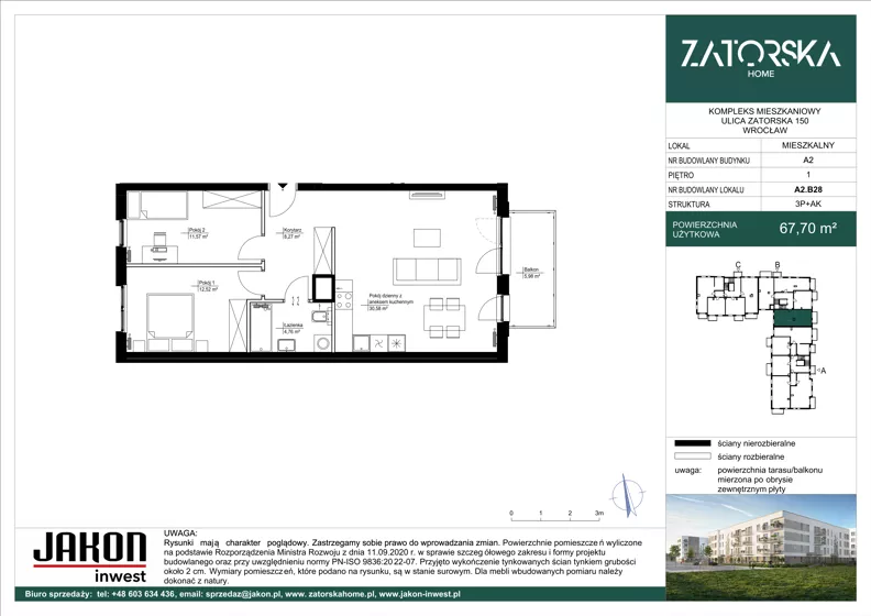 3 pokoje, mieszkanie 67,70 m², piętro 1, oferta nr A2.B28, Zatorska Home, Wrocław, Psie Pole-Zawidawie, Zakrzów, ul. Zatorska 146-150
