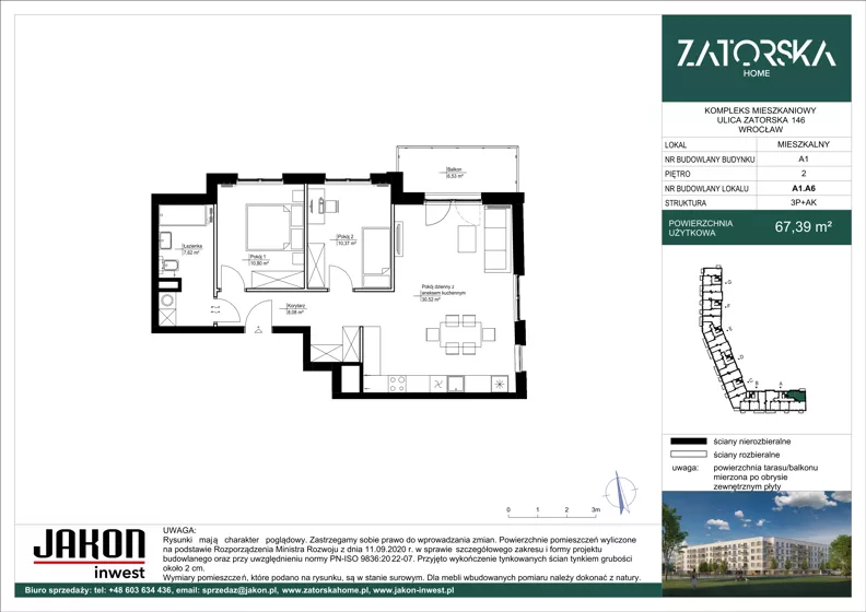 3 pokoje, mieszkanie 67,39 m², piętro 2, oferta nr A1.A6, Zatorska Home, Wrocław, Psie Pole-Zawidawie, Zakrzów, ul. Zatorska 146-150