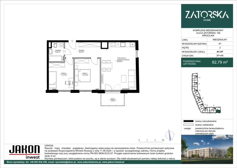 3 pokoje, mieszkanie 62,79 m², piętro 2, oferta nr A1.A7, Zatorska Home, Wrocław, Psie Pole-Zawidawie, Zakrzów, ul. Zatorska 146-150