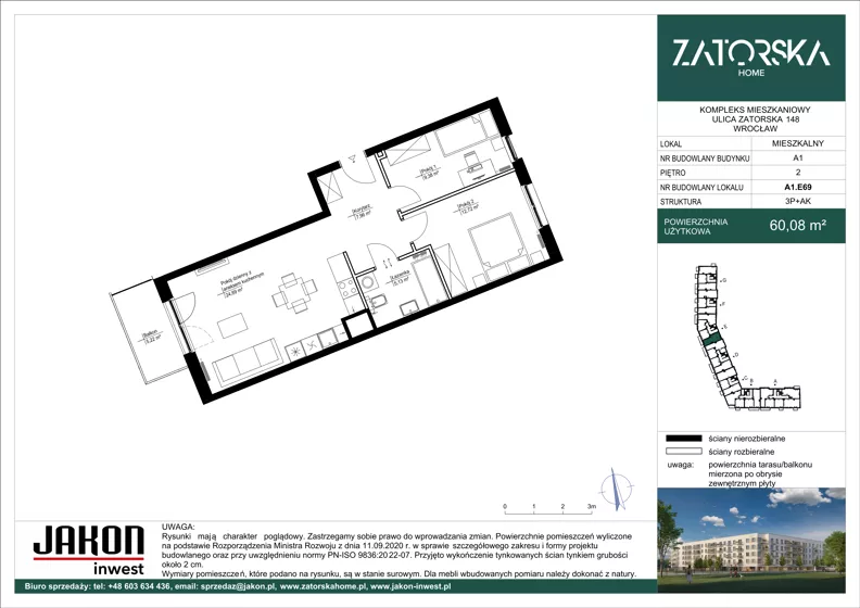 3 pokoje, mieszkanie 60,08 m², piętro 2, oferta nr A1.E69, Zatorska Home, Wrocław, Psie Pole-Zawidawie, Zakrzów, ul. Zatorska 146-150