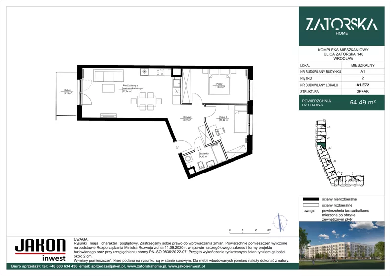 3 pokoje, mieszkanie 64,96 m², piętro 2, oferta nr A1.E72, Zatorska Home, Wrocław, Psie Pole-Zawidawie, Zakrzów, ul. Zatorska 146-150