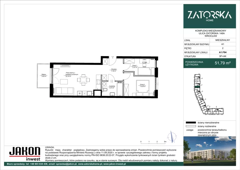 3 pokoje, mieszkanie 51,79 m², piętro 2, oferta nr A1.F84, Zatorska Home, Wrocław, Psie Pole-Zawidawie, Zakrzów, ul. Zatorska 146-150