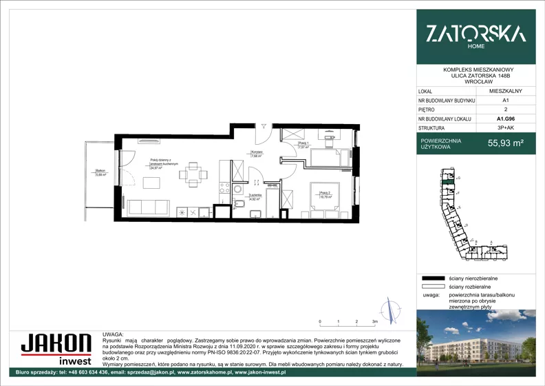 3 pokoje, mieszkanie 55,93 m², piętro 2, oferta nr A1.G96, Zatorska Home, Wrocław, Psie Pole-Zawidawie, Zakrzów, ul. Zatorska 146-150