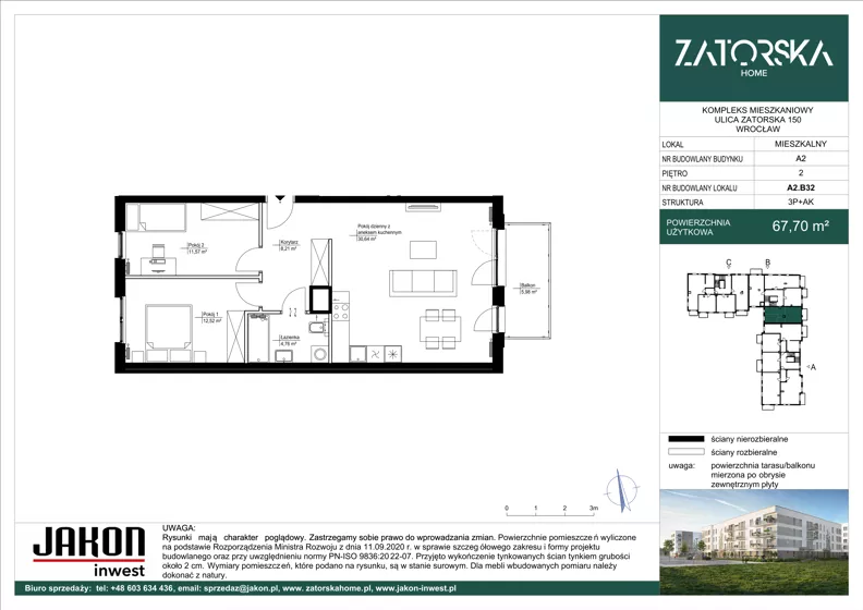 3 pokoje, mieszkanie 67,70 m², piętro 2, oferta nr A2.B32, Zatorska Home, Wrocław, Psie Pole-Zawidawie, Zakrzów, ul. Zatorska 146-150