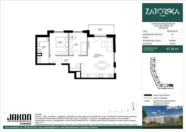3 pokoje, mieszkanie 67,39 m², piętro 3, oferta nr A1.A11, Zatorska Home, Wrocław, Psie Pole-Zawidawie, Zakrzów, ul. Zatorska 146-150