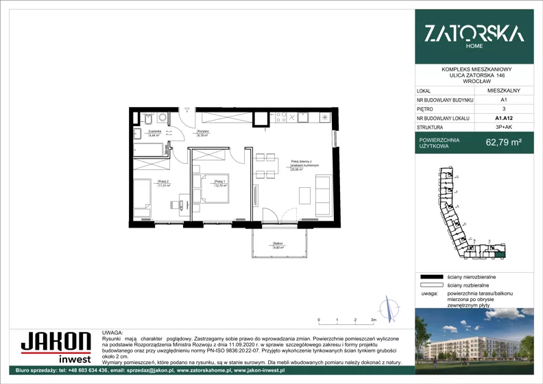3 pokoje, mieszkanie 62,79 m², piętro 3, oferta nr A1.A12, Zatorska Home, Wrocław, Psie Pole-Zawidawie, Zakrzów, ul. Zatorska 146-150