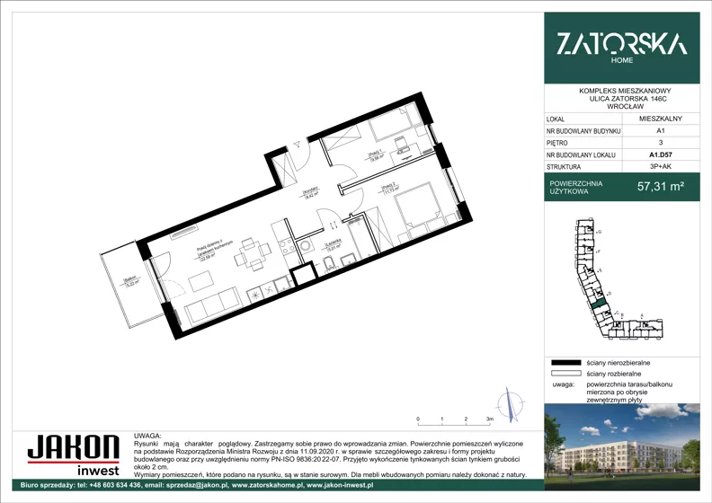 3 pokoje, mieszkanie 57,31 m², piętro 3, oferta nr A1.D57, Zatorska Home, Wrocław, Psie Pole-Zawidawie, Zakrzów, ul. Zatorska 146-150