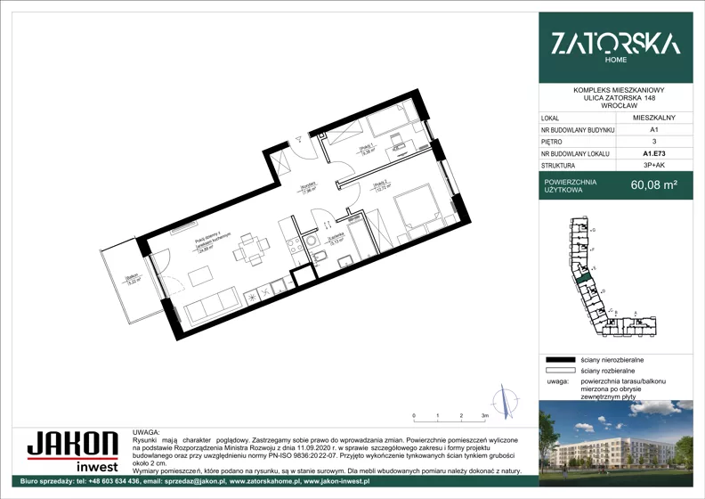 3 pokoje, mieszkanie 60,08 m², piętro 3, oferta nr A1.E73, Zatorska Home, Wrocław, Psie Pole-Zawidawie, Zakrzów, ul. Zatorska 146-150