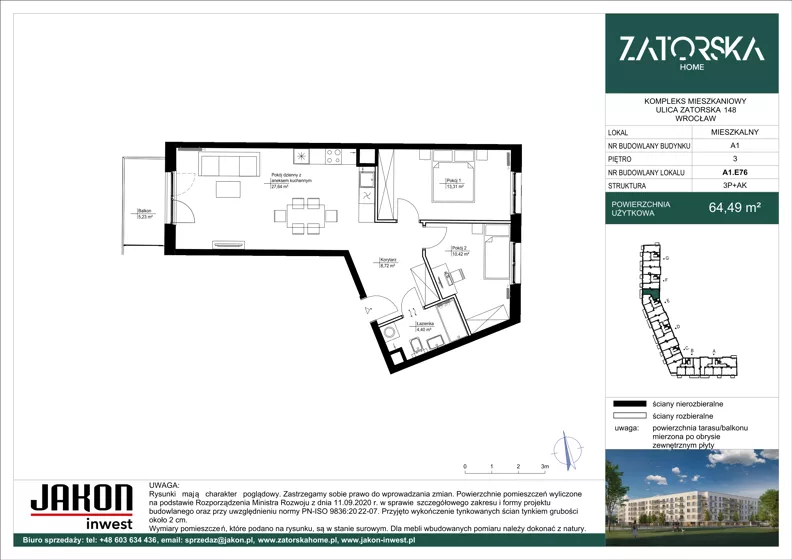 3 pokoje, mieszkanie 64,96 m², piętro 3, oferta nr A1.E76, Zatorska Home, Wrocław, Psie Pole-Zawidawie, Zakrzów, ul. Zatorska 146-150