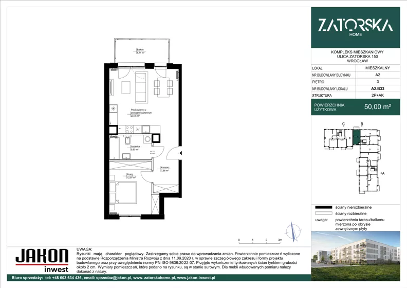 3 pokoje, mieszkanie 50,00 m², piętro 3, oferta nr A2.B33, Zatorska Home, Wrocław, Psie Pole-Zawidawie, Zakrzów, ul. Zatorska 146-150