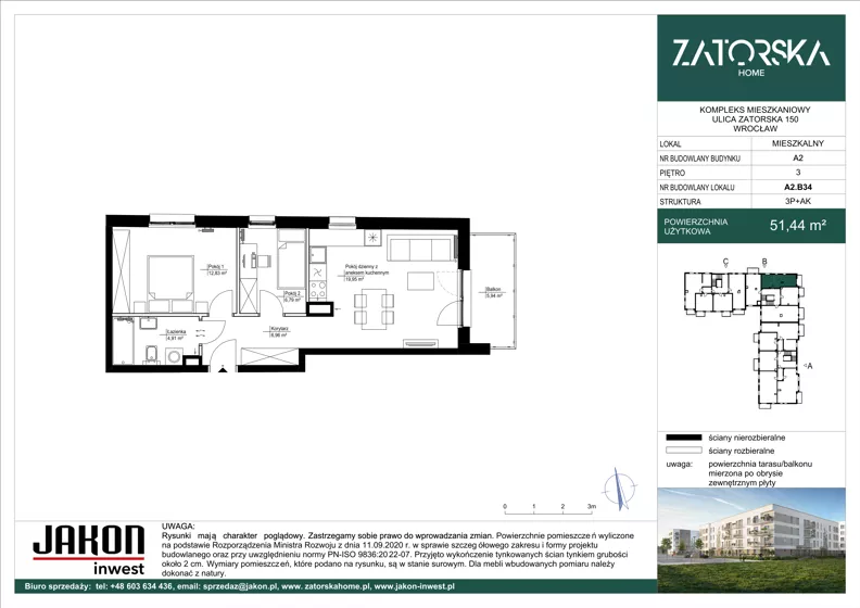 3 pokoje, mieszkanie 51,44 m², piętro 3, oferta nr A2.B34, Zatorska Home, Wrocław, Psie Pole-Zawidawie, Zakrzów, ul. Zatorska 146-150