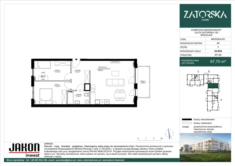 3 pokoje, mieszkanie 67,70 m², piętro 3, oferta nr A2.B36, Zatorska Home, Wrocław, Psie Pole-Zawidawie, Zakrzów, ul. Zatorska 146-150