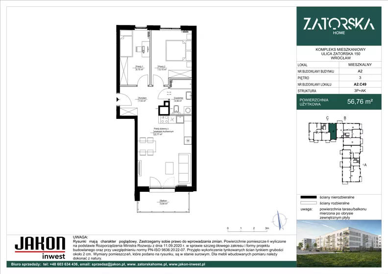 3 pokoje, mieszkanie 56,76 m², piętro 3, oferta nr A2.C49, Zatorska Home, Wrocław, Psie Pole-Zawidawie, Zakrzów, ul. Zatorska 146-150