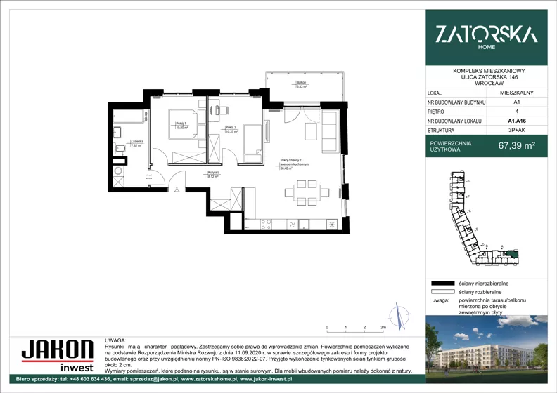 3 pokoje, mieszkanie 67,39 m², piętro 4, oferta nr A1.A16, Zatorska Home, Wrocław, Psie Pole-Zawidawie, Zakrzów, ul. Zatorska 146-150