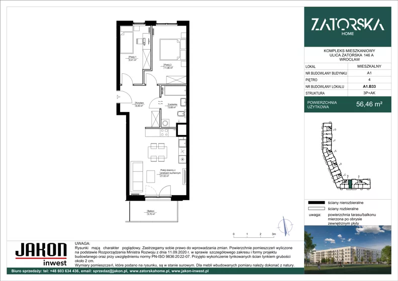 3 pokoje, mieszkanie 56,46 m², piętro 4, oferta nr A1.B33, Zatorska Home, Wrocław, Psie Pole-Zawidawie, Zakrzów, ul. Zatorska 146-150