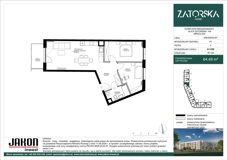 3 pokoje, mieszkanie 64,49 m², piętro 4, oferta nr A1.E80, Zatorska Home, Wrocław, Psie Pole-Zawidawie, Zakrzów, ul. Zatorska 146-150