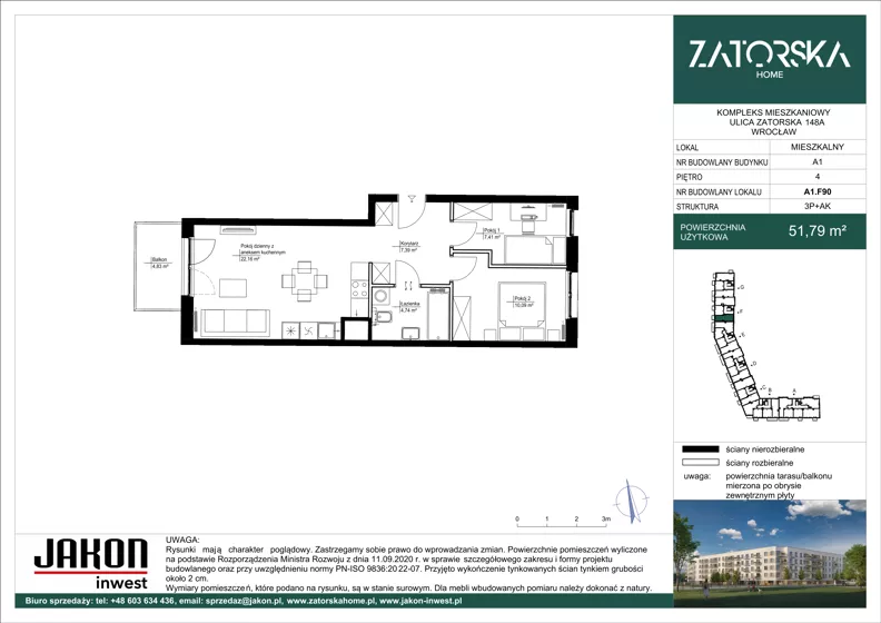 3 pokoje, mieszkanie 51,79 m², piętro 4, oferta nr A1.F90, Zatorska Home, Wrocław, Psie Pole-Zawidawie, Zakrzów, ul. Zatorska 146-150