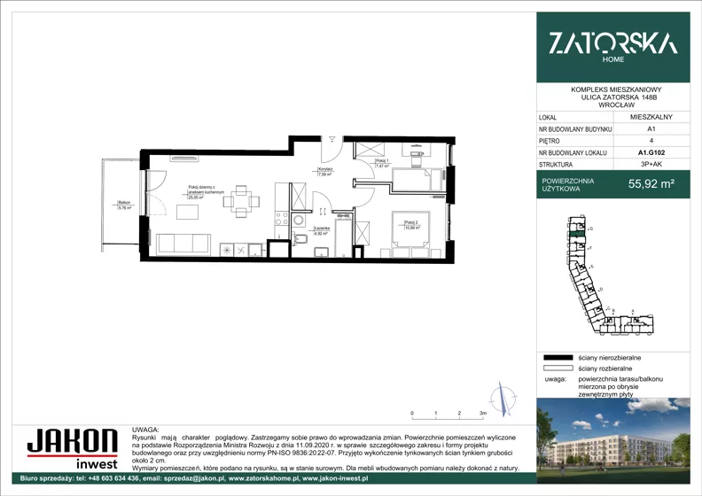 3 pokoje, mieszkanie 55,92 m², piętro 4, oferta nr A1.G102, Zatorska Home, Wrocław, Psie Pole-Zawidawie, Zakrzów, ul. Zatorska 146-150