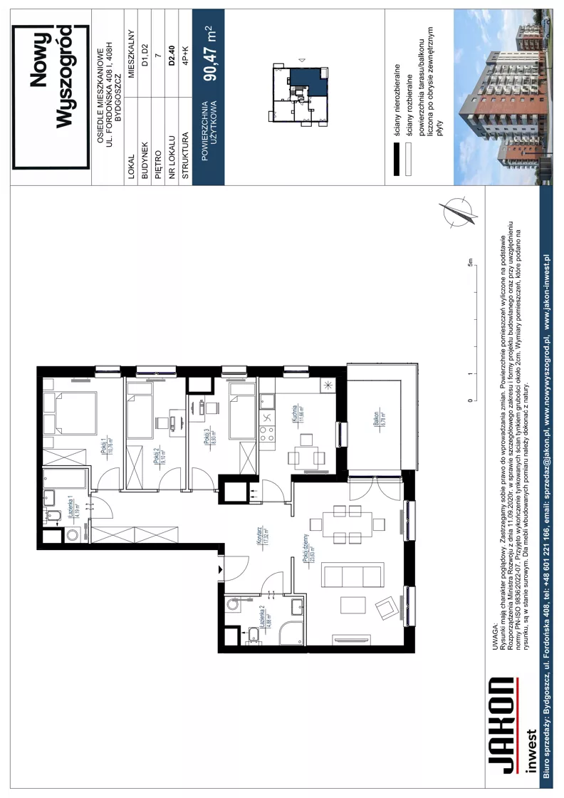 4 pokoje, mieszkanie 90,47 m², piętro 7, oferta nr D2.40, Nowy Wyszogród, Bydgoszcz, Stary Fordon, ul. Fordońska 408