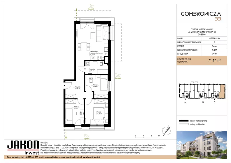 4 pokoje, mieszkanie 71,47 m², parter, oferta nr 3.C27, Gombrowicza 33, Gniezno, ul. Gombrowicza 33