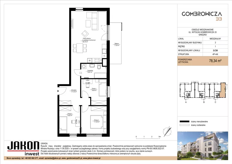 4 pokoje, mieszkanie 78,34 m², piętro 1, oferta nr 3.C30, Gombrowicza 33, Gniezno, ul. Gombrowicza 33