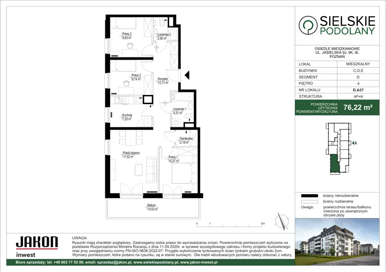 4 pokoje, mieszkanie 76,22 m², piętro 4, oferta nr D.A37, Sielskie Podolany, Poznań, Podolany, Podolany, ul. Jasielska 9