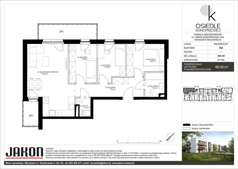 4 pokoje, mieszkanie 68,82 m², piętro 1, oferta nr 34A.30, Osiedle Konopnickiej, Grodzisk Mazowiecki, ul. Marii Konopnickiej 34C