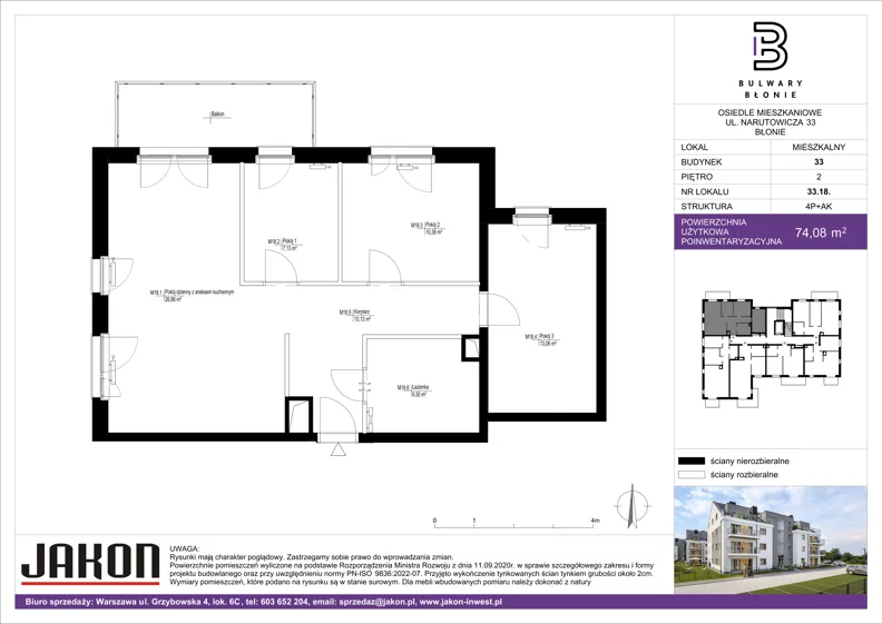 4 pokoje, mieszkanie 74,08 m², piętro 2, oferta nr 33.18, Bulwary Błonie, Błonie, ul. Narutowicza 46