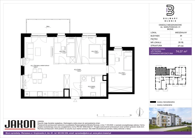 4 pokoje, mieszkanie 74,07 m², piętro 1, oferta nr 31.12, Bulwary Błonie, Błonie, ul. Narutowicza 46