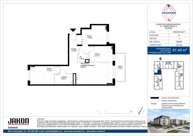 4 pokoje, mieszkanie 67,49 m², piętro 3, oferta nr D.D79, Wieruszowska, Poznań, Grunwald, Junikowo, ul. Wieruszowska 4