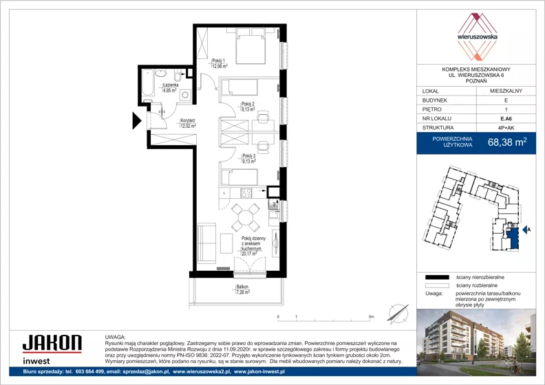 4 pokoje, mieszkanie 68,38 m², piętro 1, oferta nr E.A6, Wieruszowska, Poznań, Grunwald, Junikowo, ul. Wieruszowska 4