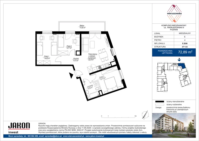 4 pokoje, mieszkanie 72,89 m², piętro 4, oferta nr E.B56, Wieruszowska, Poznań, Grunwald, Junikowo, ul. Wieruszowska 4