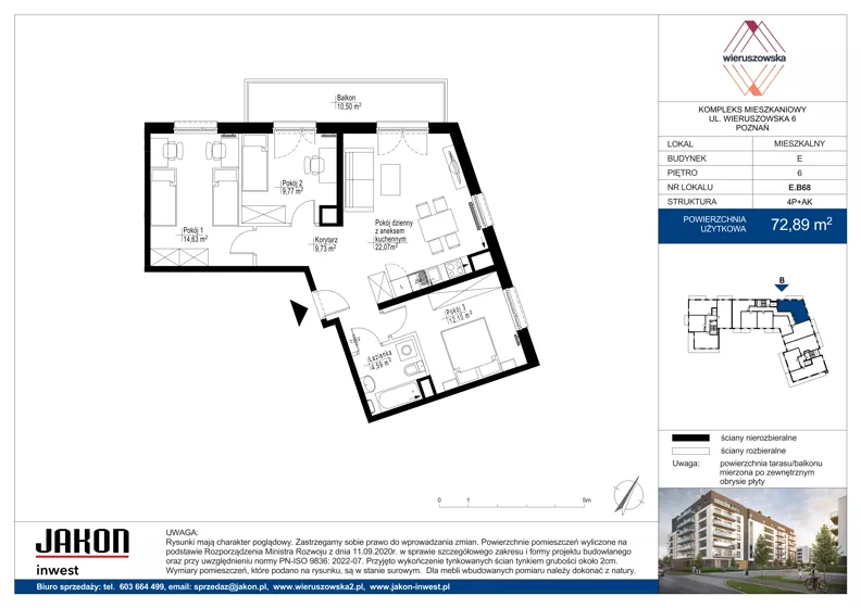 4 pokoje, mieszkanie 72,89 m², piętro 6, oferta nr E.B68, Wieruszowska, Poznań, Grunwald, Junikowo, ul. Wieruszowska 4