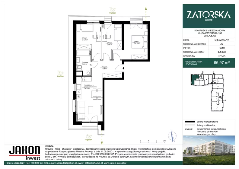 4 pokoje, mieszkanie 66,97 m², parter, oferta nr A2.C40, Zatorska Home, Wrocław, Psie Pole-Zawidawie, Zakrzów, ul. Zatorska 146-150