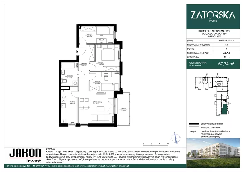 4 pokoje, mieszkanie 67,74 m², piętro 1, oferta nr A2.A6, Zatorska Home, Wrocław, Psie Pole-Zawidawie, Zakrzów, ul. Zatorska 146-150