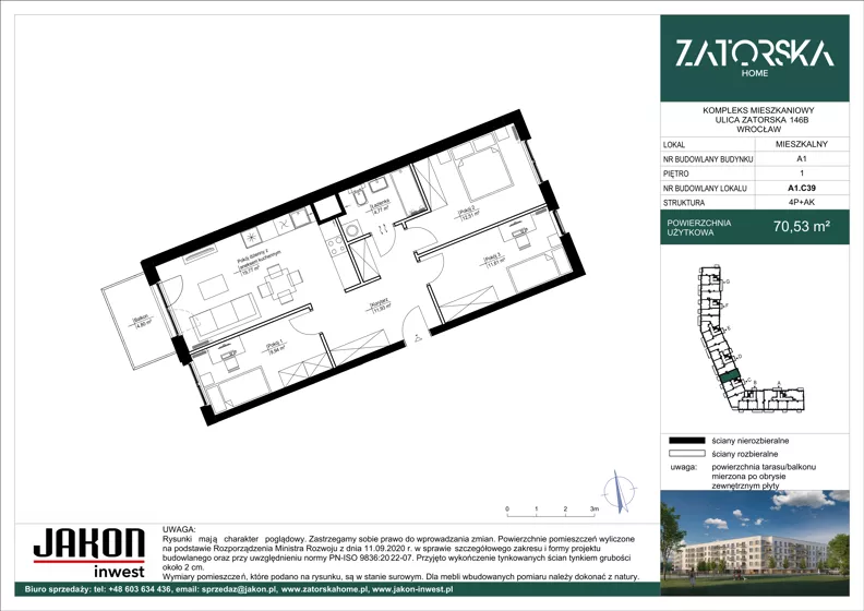 4 pokoje, mieszkanie 70,53 m², piętro 1, oferta nr A1.C39, Zatorska Home, Wrocław, Psie Pole-Zawidawie, Zakrzów, ul. Zatorska 146-150