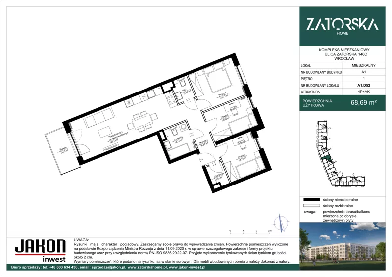 4 pokoje, mieszkanie 68,69 m², piętro 1, oferta nr A1.D52, Zatorska Home, Wrocław, Psie Pole-Zawidawie, Zakrzów, ul. Zatorska 146-150