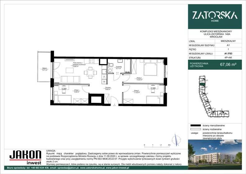 4 pokoje, mieszkanie 67,06 m², piętro 1, oferta nr A1.F83, Zatorska Home, Wrocław, Psie Pole-Zawidawie, Zakrzów, ul. Zatorska 146-150