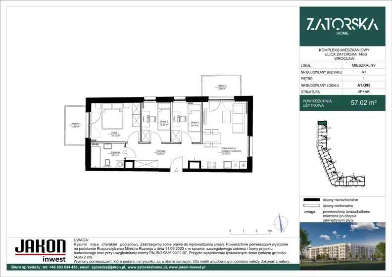 4 pokoje, mieszkanie 57,02 m², piętro 1, oferta nr A1.G95, Zatorska Home, Wrocław, Psie Pole-Zawidawie, Zakrzów, ul. Zatorska 146-150