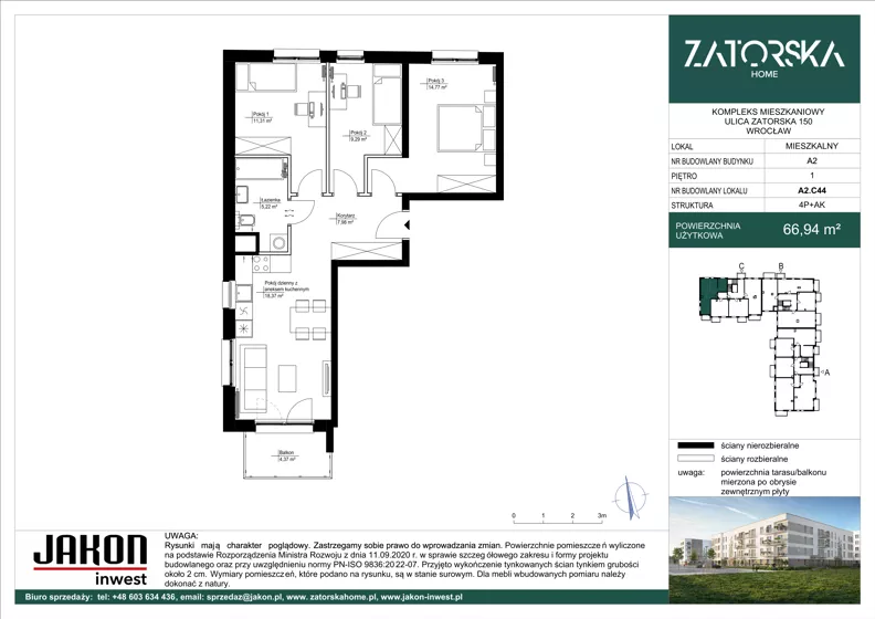 4 pokoje, mieszkanie 66,94 m², piętro 1, oferta nr A2.C44, Zatorska Home, Wrocław, Psie Pole-Zawidawie, Zakrzów, ul. Zatorska 146-150