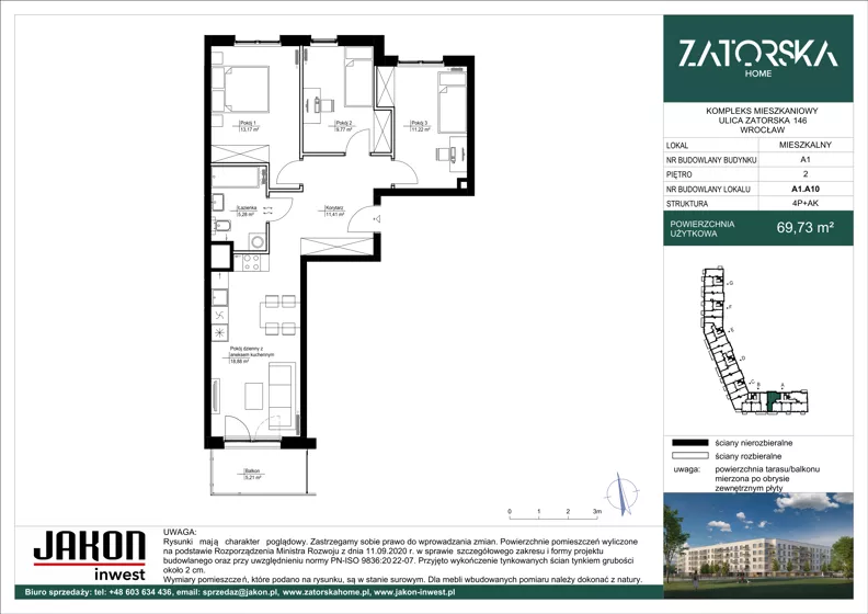 4 pokoje, mieszkanie 69,73 m², piętro 2, oferta nr A1.A10, Zatorska Home, Wrocław, Psie Pole-Zawidawie, Zakrzów, ul. Zatorska 146-150