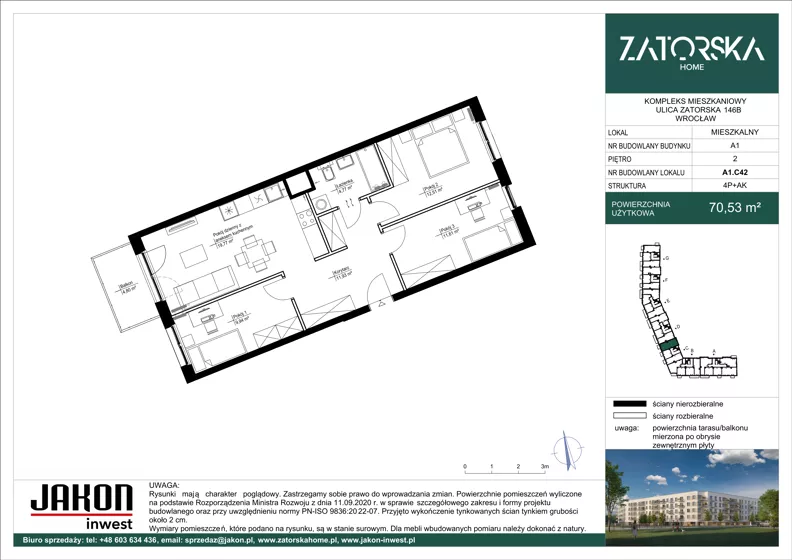 4 pokoje, mieszkanie 70,52 m², piętro 2, oferta nr A1.C42, Zatorska Home, Wrocław, Psie Pole-Zawidawie, Zakrzów, ul. Zatorska 146-150