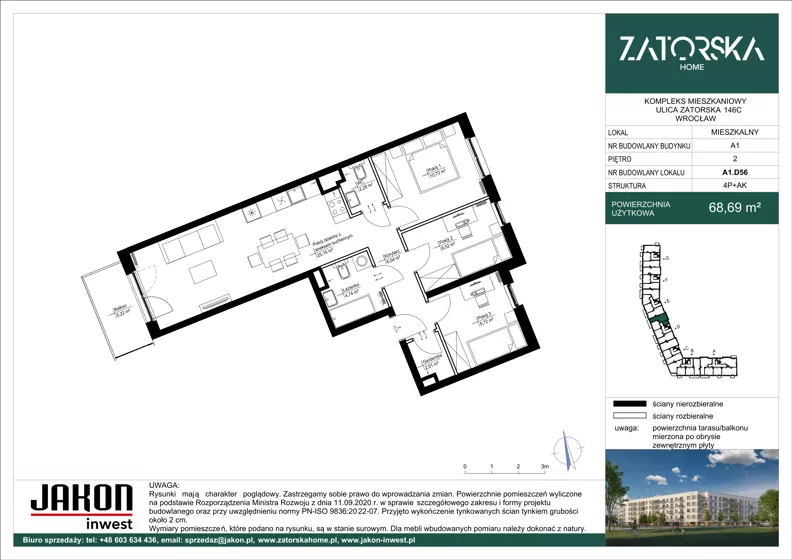 4 pokoje, mieszkanie 68,69 m², piętro 2, oferta nr A1.D56, Zatorska Home, Wrocław, Psie Pole-Zawidawie, Zakrzów, ul. Zatorska 146-150