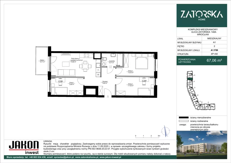 4 pokoje, mieszkanie 67,06 m², piętro 2, oferta nr A1.F86, Zatorska Home, Wrocław, Psie Pole-Zawidawie, Zakrzów, ul. Zatorska 146-150