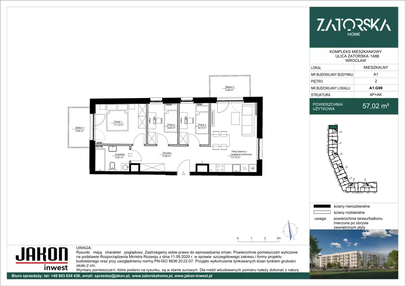 4 pokoje, mieszkanie 57,02 m², piętro 2, oferta nr A1.G98, Zatorska Home, Wrocław, Psie Pole-Zawidawie, Zakrzów, ul. Zatorska 146-150