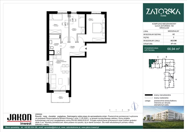 4 pokoje, mieszkanie 66,94 m², piętro 2, oferta nr A2.C48, Zatorska Home, Wrocław, Psie Pole-Zawidawie, Zakrzów, ul. Zatorska 146-150
