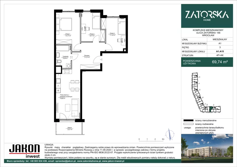 4 pokoje, mieszkanie 69,74 m², piętro 3, oferta nr A1.A15, Zatorska Home, Wrocław, Psie Pole-Zawidawie, Zakrzów, ul. Zatorska 146-150
