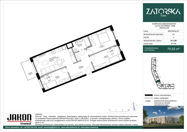 4 pokoje, mieszkanie 70,53 m², piętro 3, oferta nr A1.C45, Zatorska Home, Wrocław, Psie Pole-Zawidawie, Zakrzów, ul. Zatorska 146-150